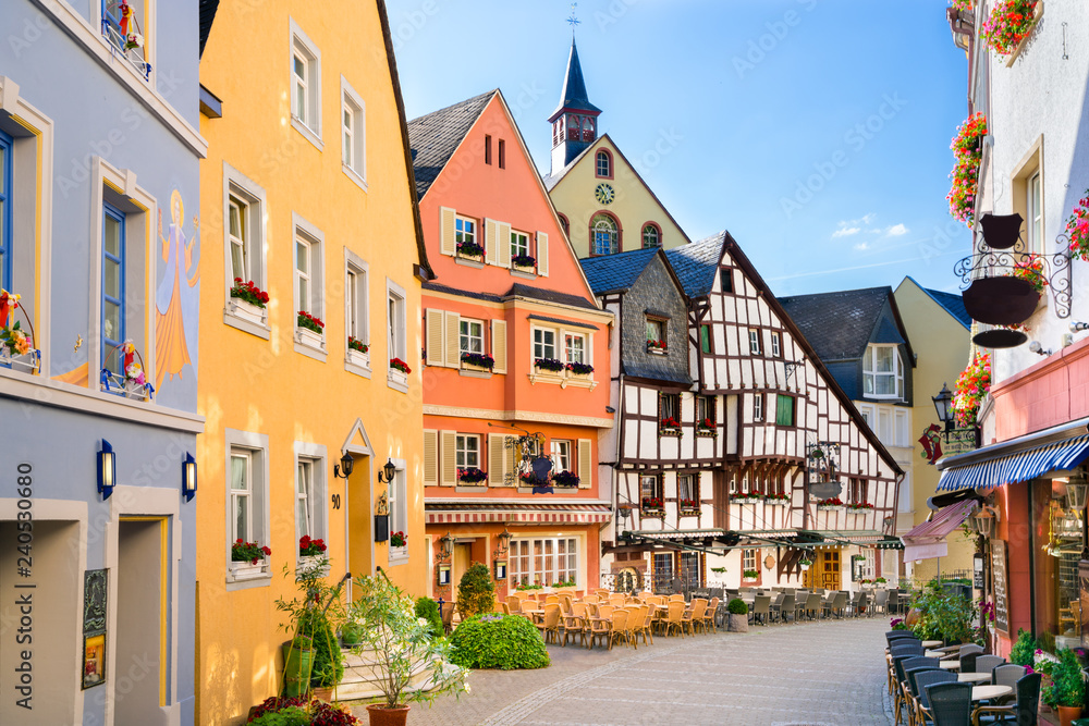 The Burgstrasse in Bernkastel-Kues, Germany. The twin town of Bernkastel-Kues is regarded as the most popular town and center of the Middle Moselle.
