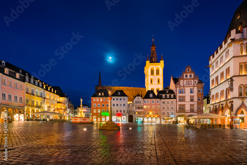 The Main Market of Trier, Germany at night. It is the center of the medieval Trier surrounded by numerous historic buildings.