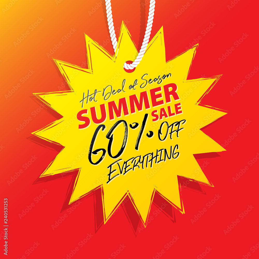 Summer Sale V10 60 percent off  promotion website banner heading design on price tag yellow sun shape vector for banner or poster. Sale and Discounts Concept.