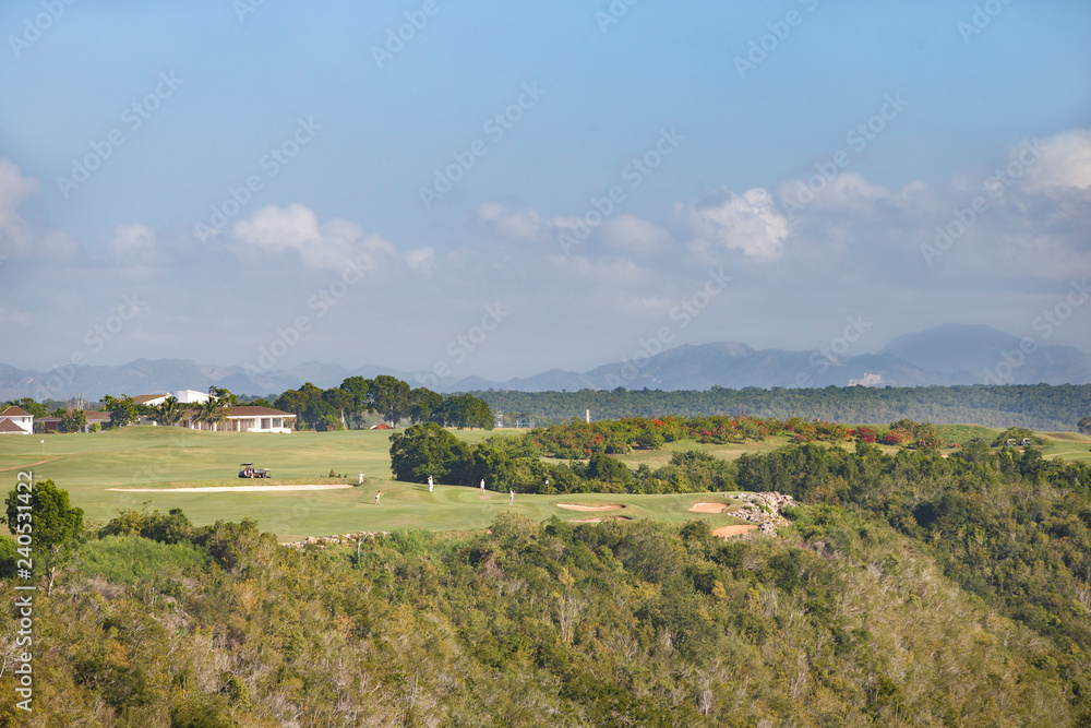 Dominican province of La Romana. Landscape with mountains on the horizon.