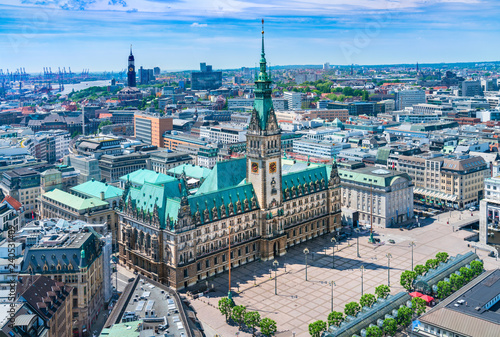 Aerial view of downtown Hamburg, Germany, and the city hall (German: Rathaus). It is the seat of the government of Hamburg and of one of Germany's 16 state parliaments. photo