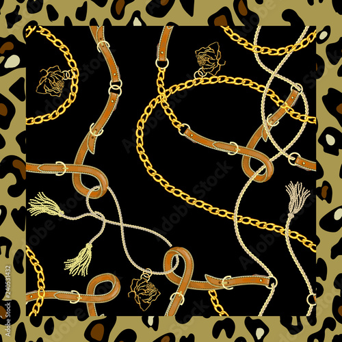 Scarf with chains and belts. Vector pattern for fabric, print.