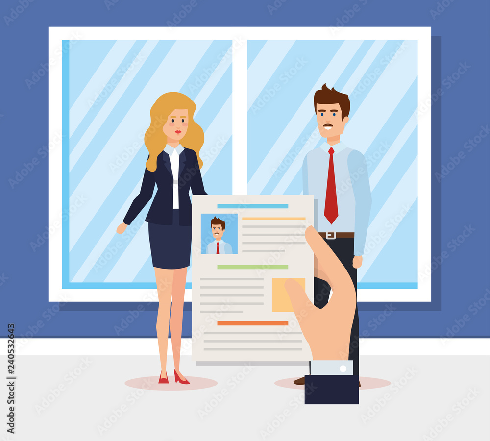 business couple with curriculum vitae in the office business couple with curriculum vitae in the office