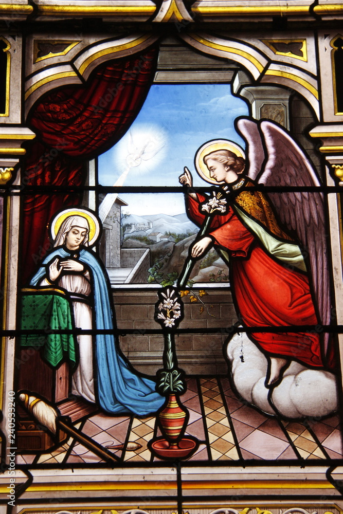 Annonciation, vitrail de l'église Saint Seine à Corbigny, Bourgogne