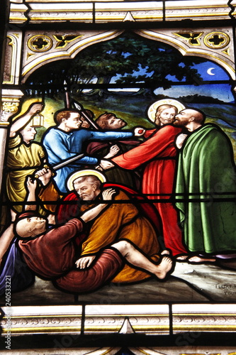 Trahison de Judas, vitrail de l'église Saint Seine à Corbigny, Bourgogne
