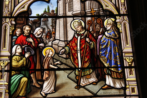 Aumône, vitrail de l'église Saint Seine à Corbigny, Bourgogne