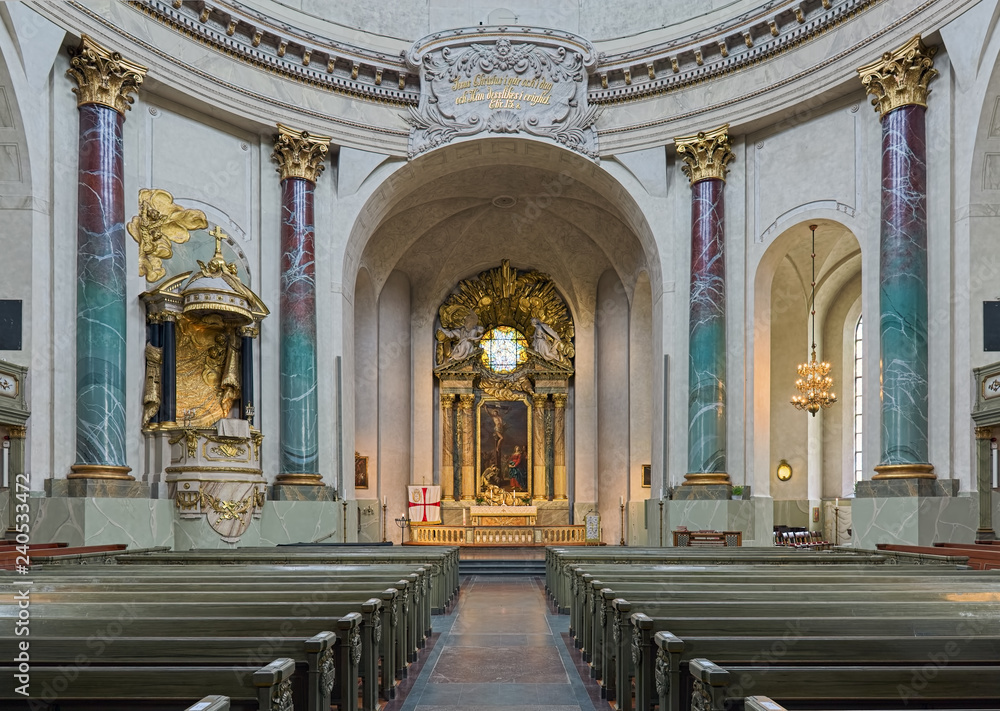 Interior of Hedvig Eleonora Church in Stockholm, Sweden. The church is named after the Swedish Queen Hedvig Eleonora. It was completed in 1737 by architect Goran Josuae Adelcrantz.