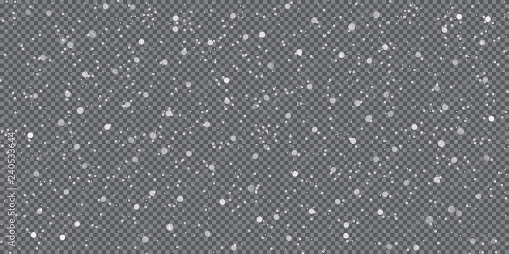 Falling snow on a transparent background. Vector illustration. Winter snowing sky. Eps 10.