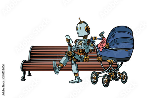 mom robot resting in the Park with a baby stroller. motherhood