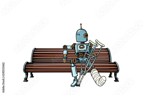 Robot with broken leg in plaster, rest in the Park
