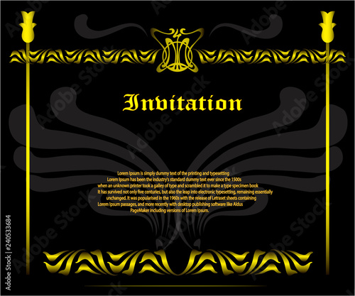 classic discreet strict style. invitation card made in gold on a black background.