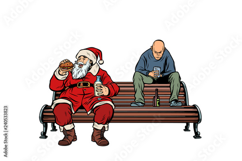 Santa Claus eats fast food Burger, hooligan drinks drunk