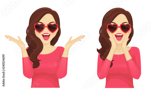 Surprised beautiful girl in hearts glasses vector illustration isolated