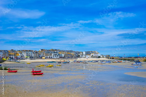 St. Ives  Cornwall England  UK in the summer. View of the harbor at low tide.