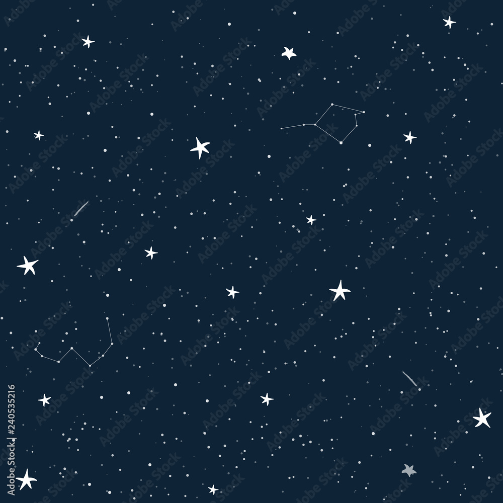 Vector seamless pattern of the night sky full of shining stars and constellations. Illustration of a starry sky. Best for fabrics, wallpapers or other prints. Vector seamless pattern of the night sky full of shining stars and constellations. Illustration of a starry sky. Best for fabrics, wallpapers or other prints.