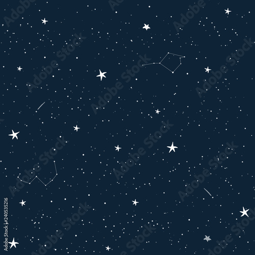 Vector seamless pattern of the night sky full of shining stars and constellations. Illustration of a starry sky. Best for fabrics  wallpapers or other prints.