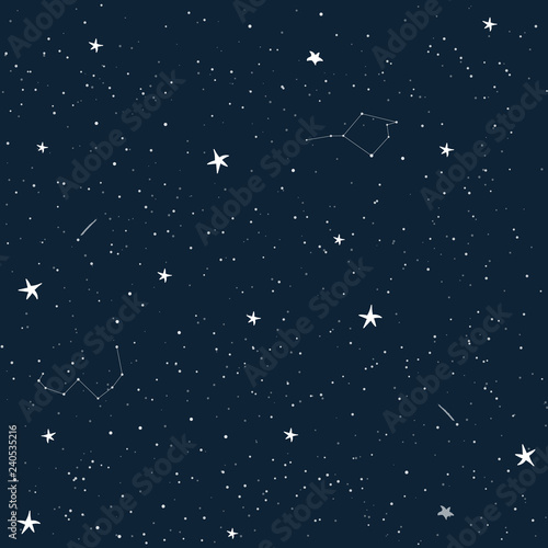 Vector seamless pattern of the night sky full of shining stars and constellations. Illustration of a starry sky. Best for fabrics, wallpapers or other prints.