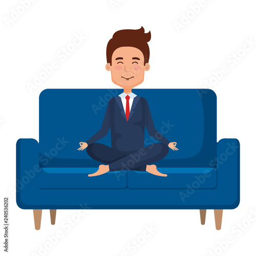 elegant businessman with lotus pose in the sofa