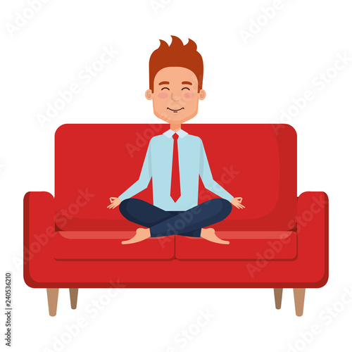 elegant businessman with lotus pose in the sofa