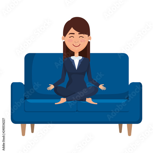 elegant businesswoman with lotus pose in the sofa