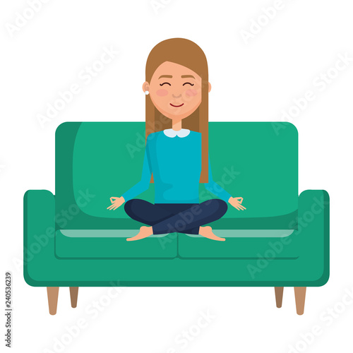 elegant businesswoman with lotus pose in the sofa