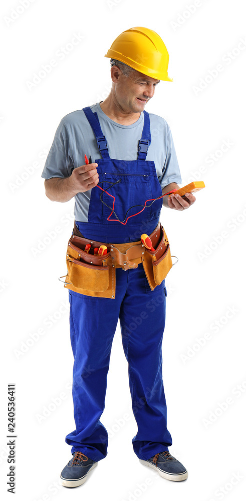 Electrician with multimeter wearing uniform on white background Electrician with multimeter wearing uniform on white background
