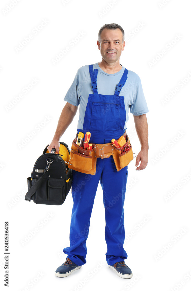 Electrician with tools wearing uniform on white background Electrician with tools wearing uniform on white background