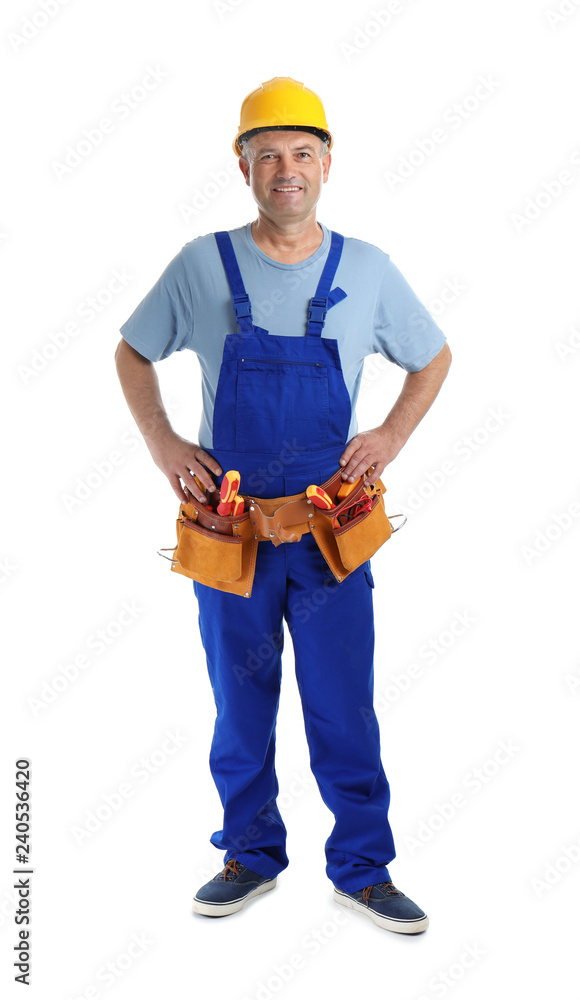 Electrician with tools wearing uniform on white background Electrician with tools wearing uniform on white background