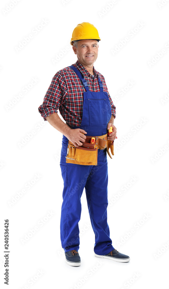 Electrician with tools wearing uniform on white background Electrician with tools wearing uniform on white background