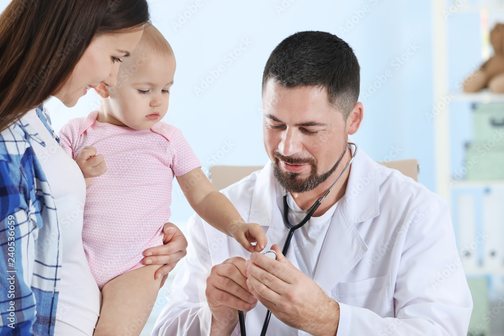 Woman with daughter visiting children's doctor in hospital Woman with daughter visiting children's doctor in hospital