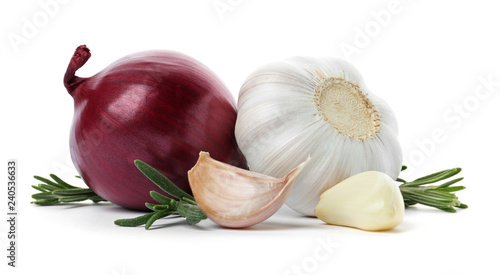 Garlic, onion and rosemary on white background