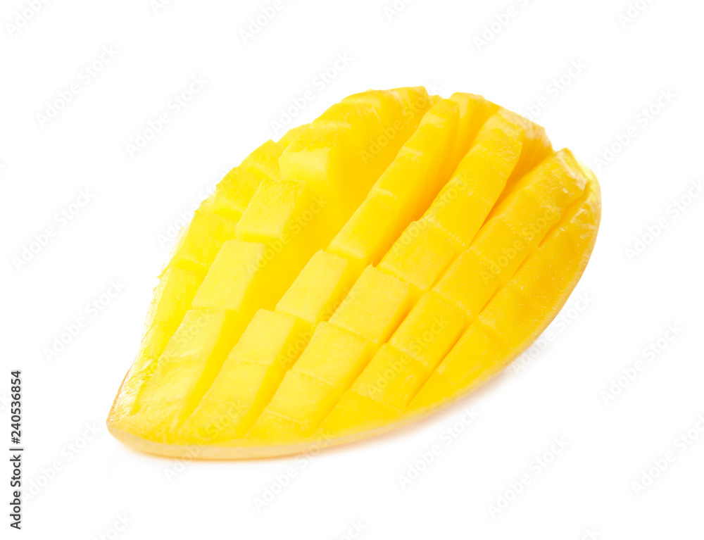 Fresh juicy mango half on white background Fresh juicy mango half on white background