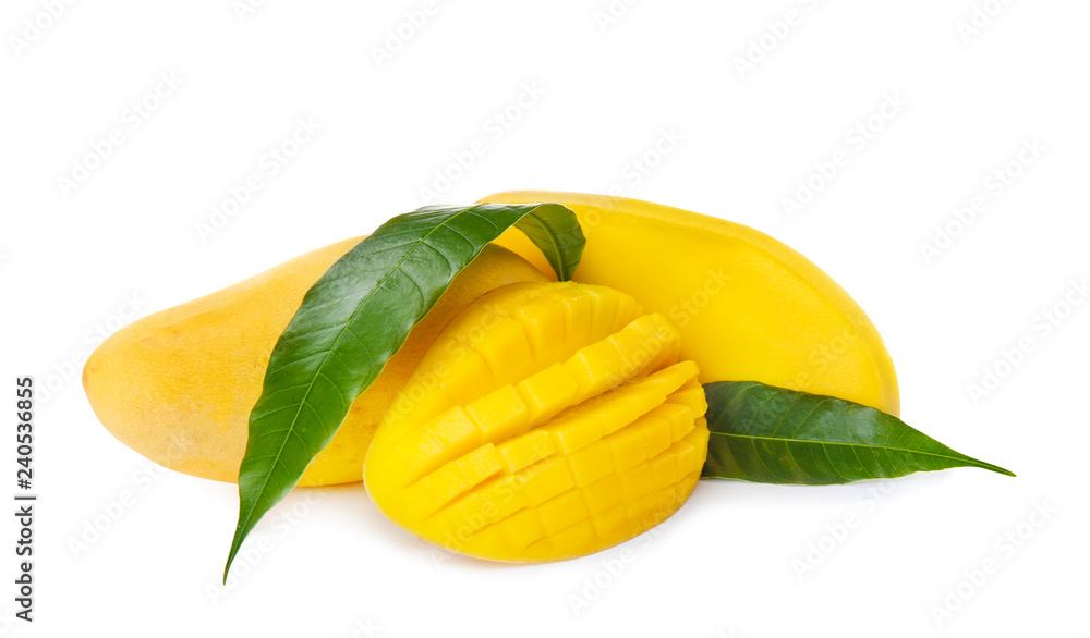 Fresh juicy mango and leaves isolated on white Fresh juicy mango and leaves isolated on white