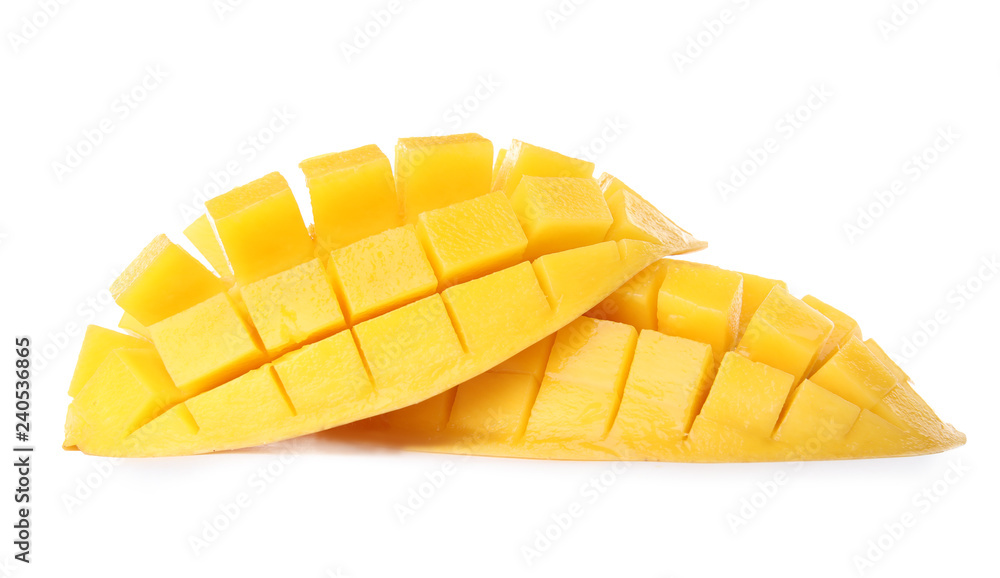 Fresh juicy mango halves on white background Fresh juicy mango halves on white background