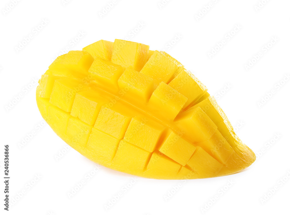 Fresh juicy mango half on white background Fresh juicy mango half on white background