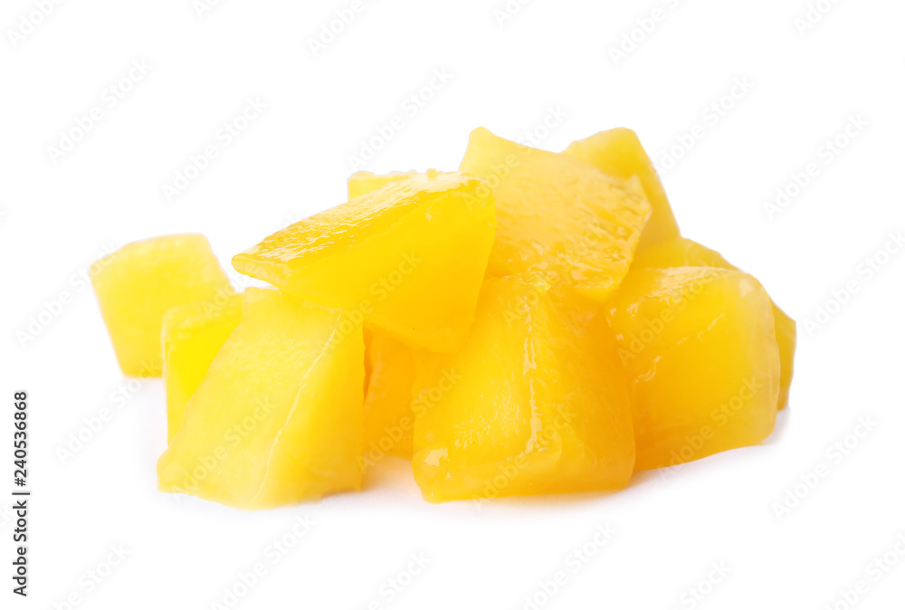 Fresh juicy mango cubes on white background Fresh juicy mango cubes on white background