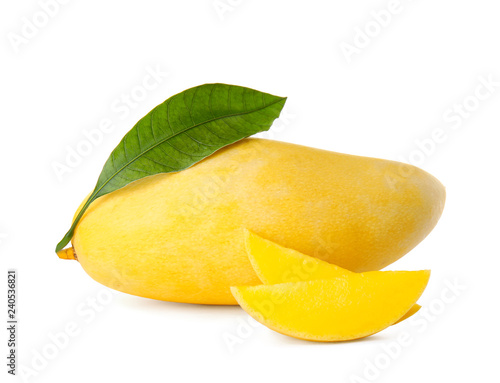 Fresh juicy mango and leaf isolated on white