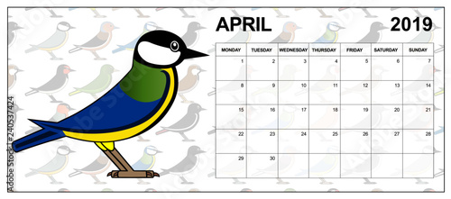 April 2019 calendar on english with a Great Tit in the middle