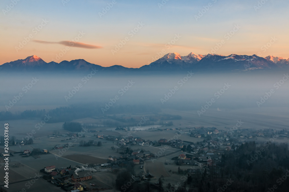 View of the Kamnik-Savinja Alps at the dawn from the Smlednik old castle