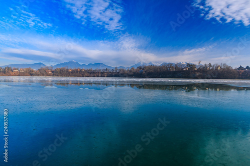 Lake on Sava river with Kamnik-Savinja Alps in Medno, Slovenija photo