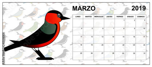 March 2019 calendar on spanish with an Eurasian bullfinch in the middle