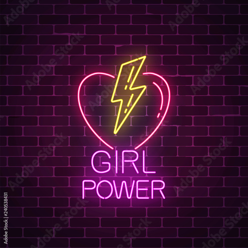 Girls power sign in neon style. Glowing symbol of female slogan with heart and lightning shapes.