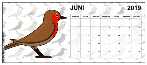 June 2019 german calendar with an European robin in the middle