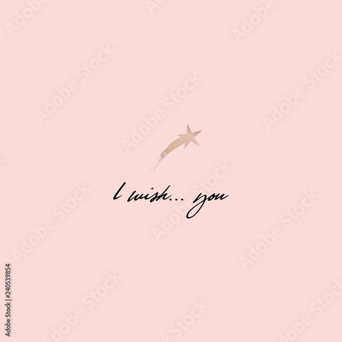 I wish inscription, modern card on pink background. Merry Christmas and happy New Year gold shooting star decoration made of golden glitter dust, holiday greeting card design. EPS10 vector.