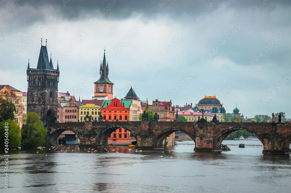 Old Town architecture, Charles Bridge and  Vltava river in Prague, Czech Republic.