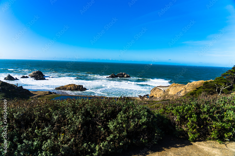 The view of Lands end at San Francisco- San Francisco. summer , cloud , rock , sea, plant.