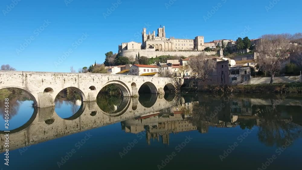 River Orb, le Pont Vieux and cathédrale Saint-Nazaire in Béziers aerial drone shot 