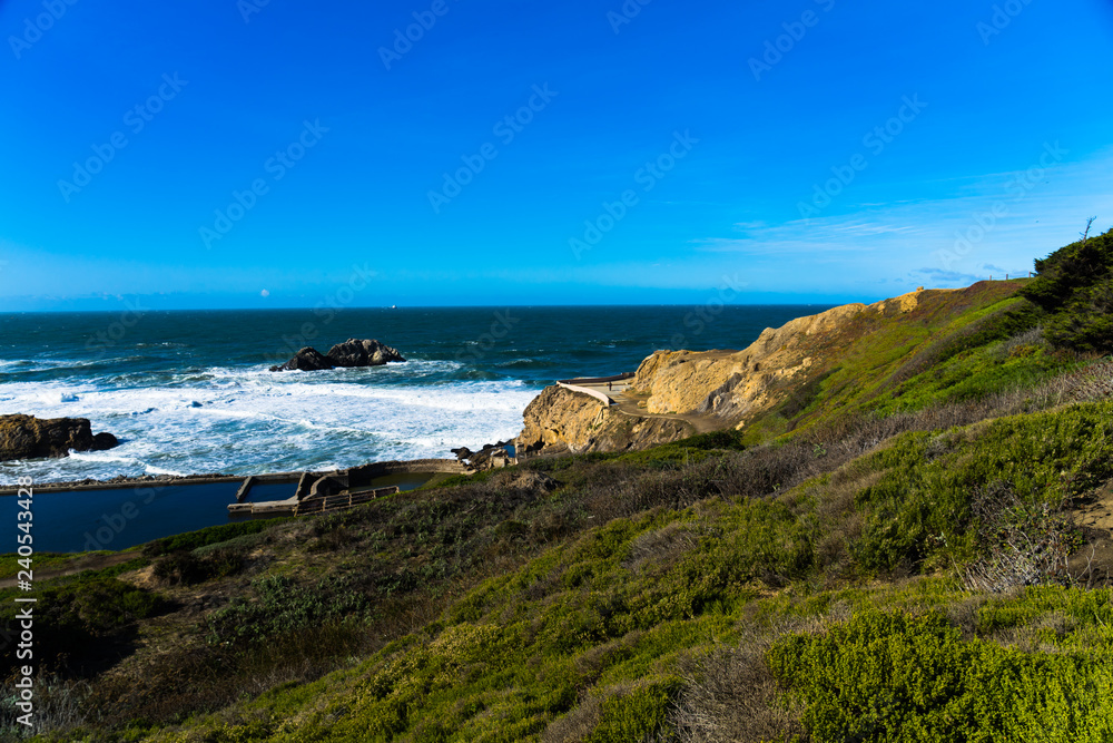 The view of Lands end at San Francisco- San Francisco. summer , cloud , rock , sea, plant.