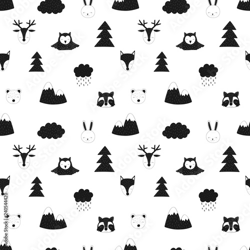 Seamless pattern of forest animals. Vector scandinavian hand-drawn children illustration of fox  deer  bear  hare  raccoon  owl  tree. For banner  card  textile  print  clothing  nursery  baby shower