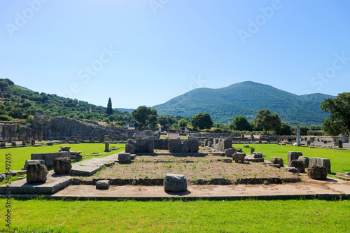 Ruins of ancient greek city Messini with the mountains on the background, Peloponnese, Greece